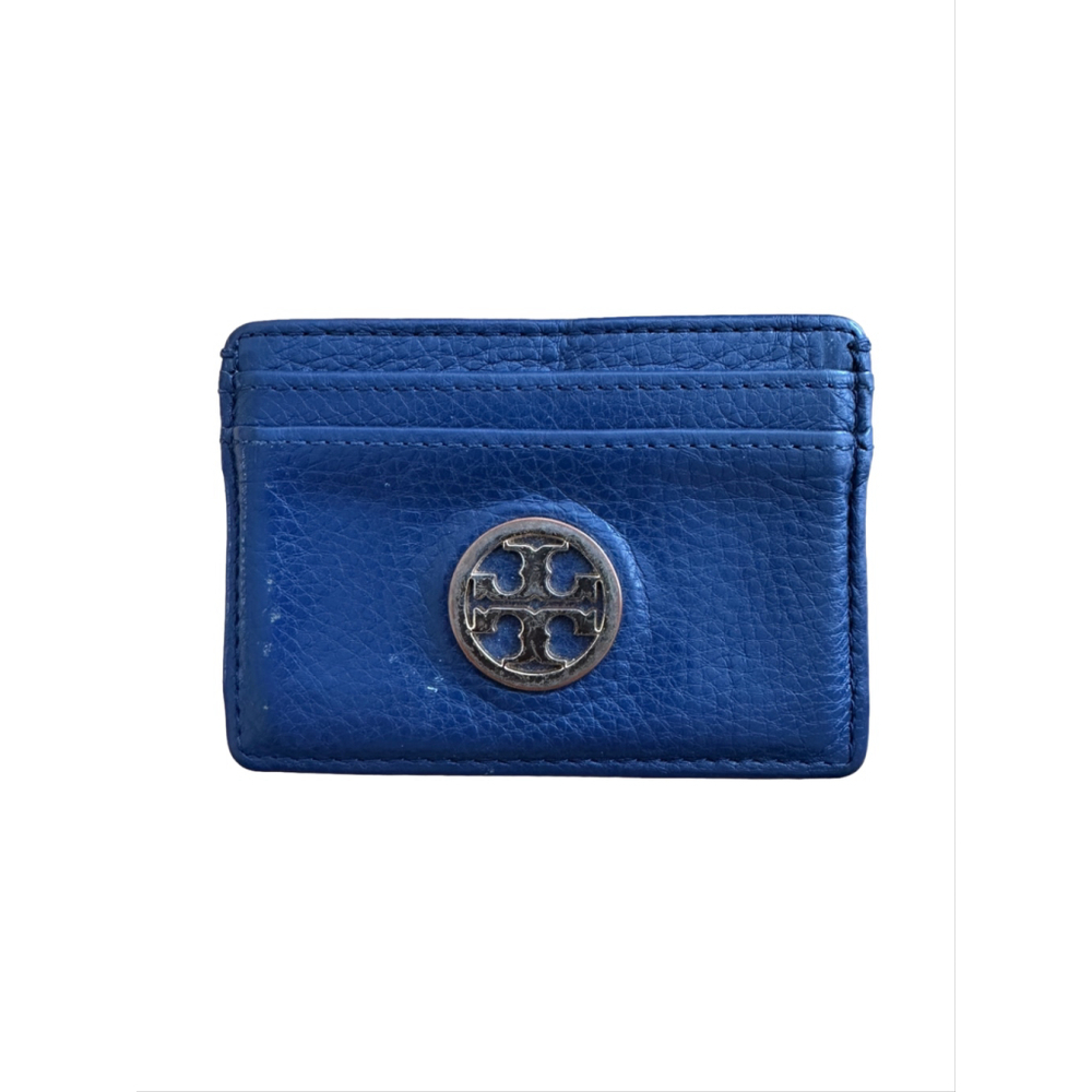 Tory Burch Cobalt Blue Pebbled Leather Card Holder Wallet Gold Logo